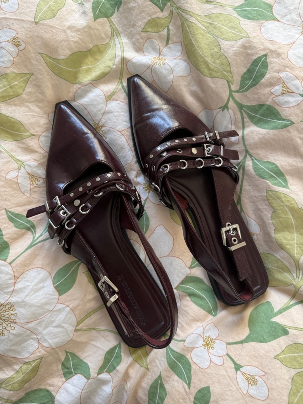 stradivarius Deep Burgundy Pointed Slingback Mules with Studded Straps